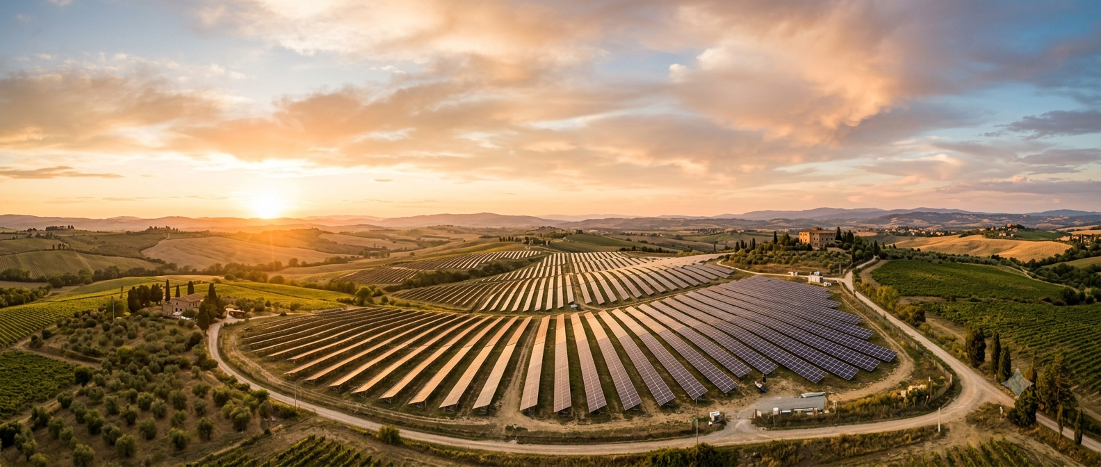 Vista aerea di un grande impianto fotovoltaico a terra tra le colline al tramonto