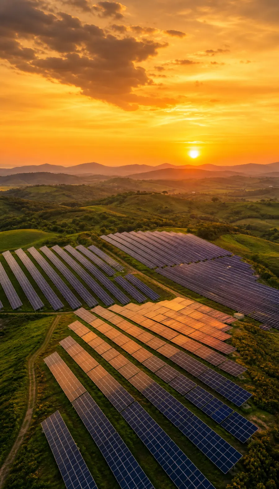 Vista aerea di un grande impianto fotovoltaico a terra tra le colline al tramonto